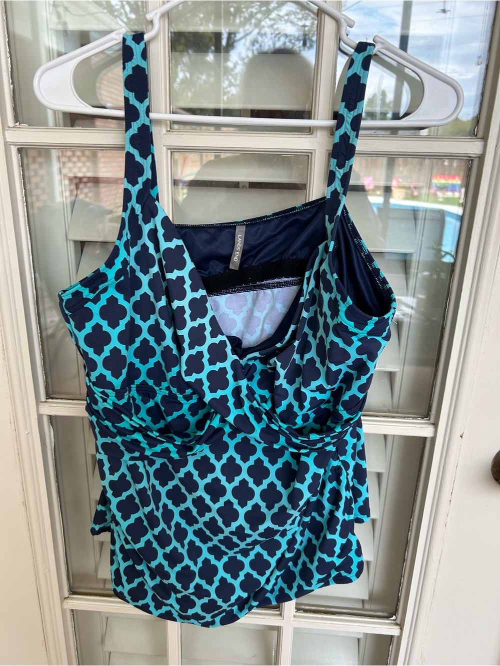Lands' End Teal and Navy Geometric Swim Top